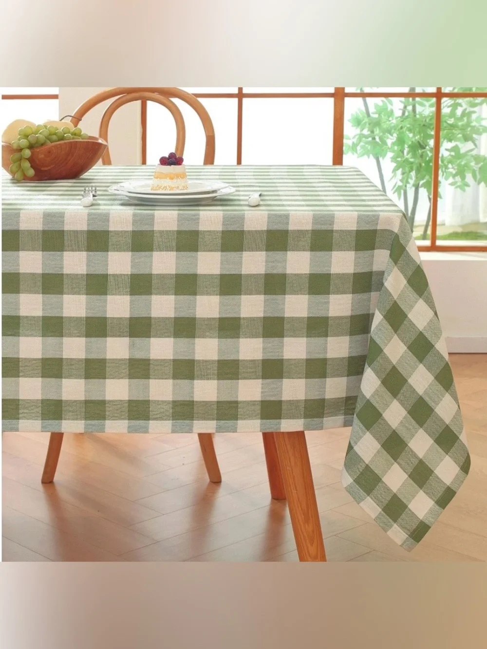 Farmhouse Checkered Tablecloth Cotton Linen Blend 60x75” GREEN WHITE